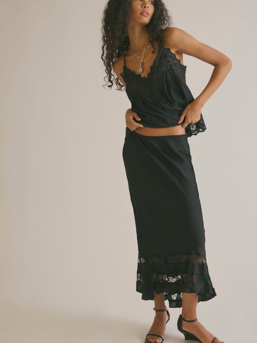Free People Black Lace-Trim Maxi Skirt
